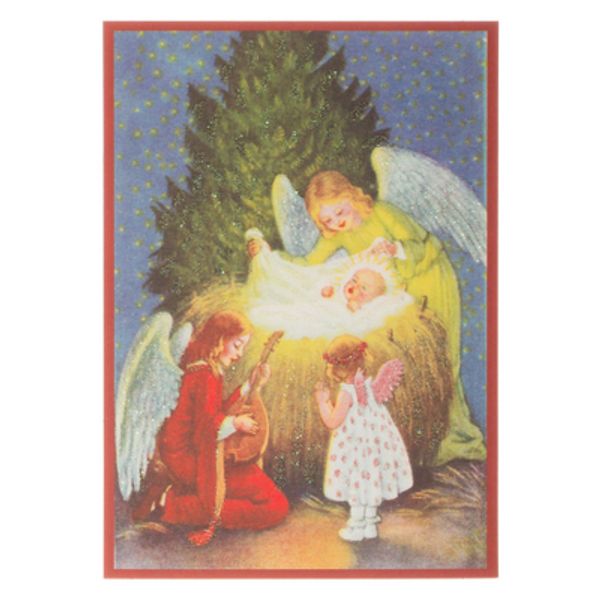 Kort med glitter, jesusbarnet og engler