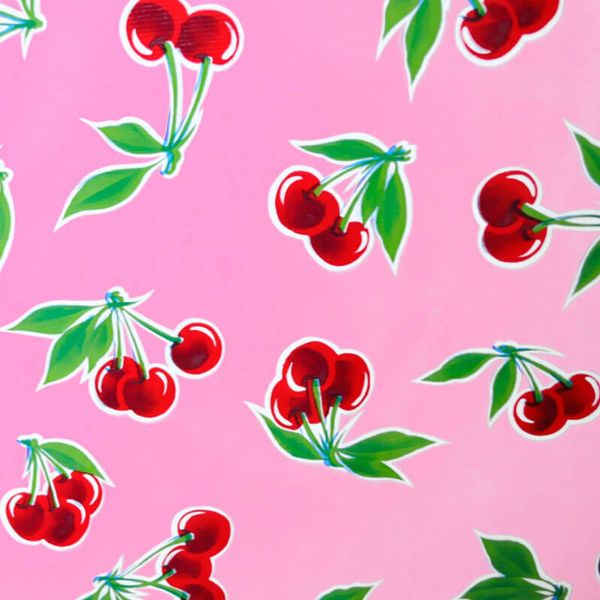Voksduk med kirseb&aelig;r p&aring; rosa